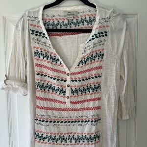 White Embroidered V-Neck Tunic Top - Coral & Green Accents